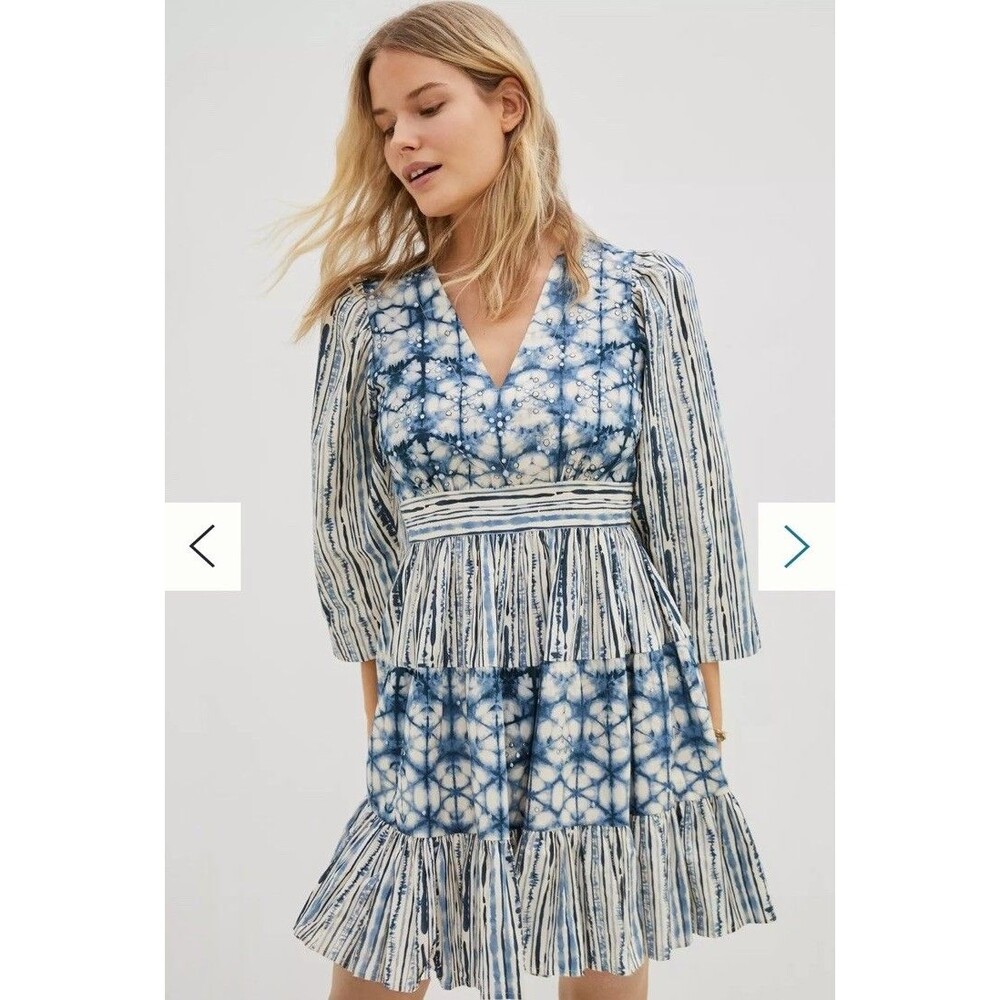 Anthropologie Not So Serious Behati Mini Dress Size M Blue Cotton Ruffled Hem